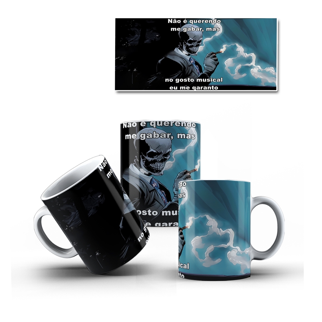 Xícara Branca Porcelana Meme Rock Caveira - Mol 07 -  1 Unidade 325ml + Caixinha