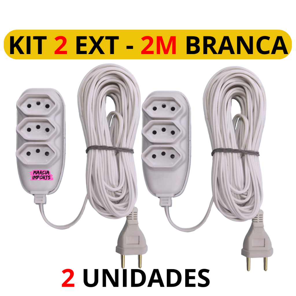 Extensão elétrica 2 Metros Branco ou Preto Extensão de Energia 3 Tomadas