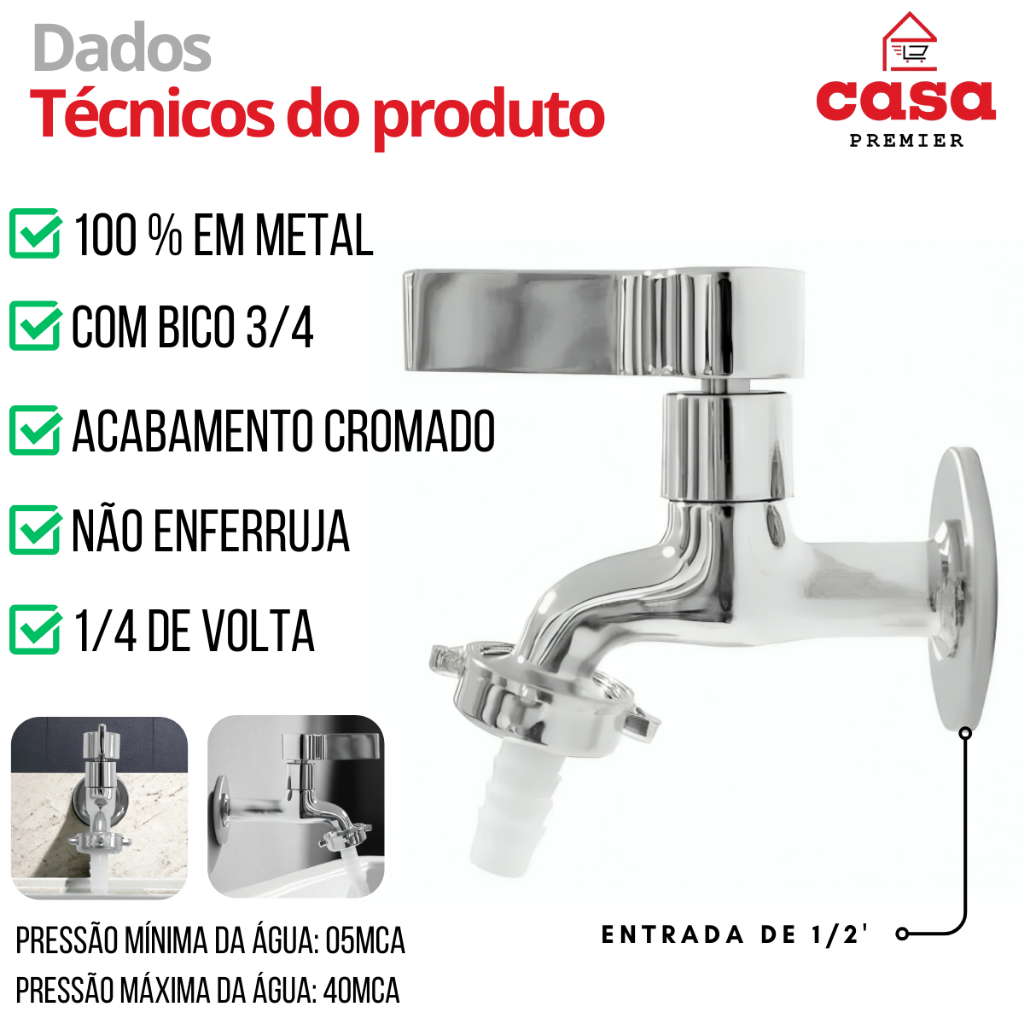 Kit 2 Torneiras Jardim Tanque Parede Cromada Com Bico 3/4 Metal Maquina De Lavar Alavanca 1/4 Volta