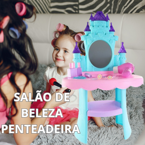 Salão de Beleza Penteadeira Infantil com Acessórios: secador funciona ,  adesivos para customizar