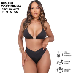 Biquíni EFEITO LIPO Top Cortininha Calcinha Asa Delta Cintura Alta de Cós
