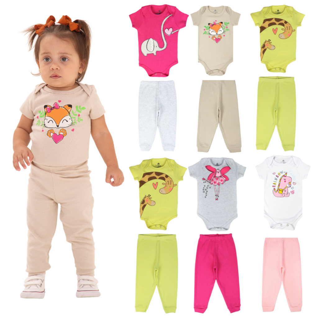 Kit 8 Peças de Roupas para Bebê Menina (4 Body Curto + 4 Calça Mijão) Kit 4 Body Roupa Infantil Bebê