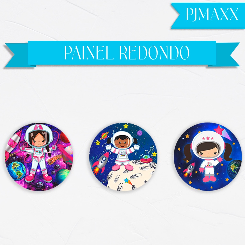 Capa Para Painel Redondo Tema Astronauta Menina Rosa Infantil Espaço Nave Decoração Elegante Malha Sublimada
