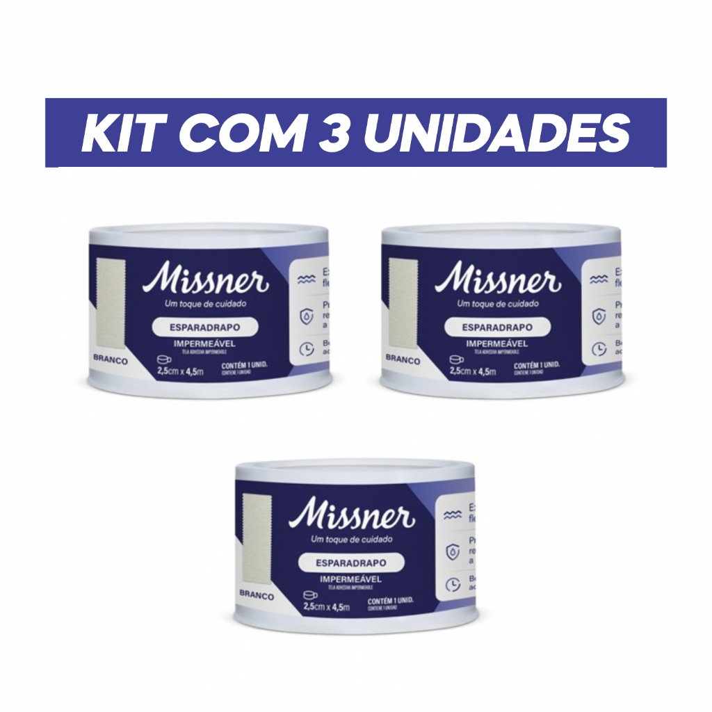 Esparadrapo impermeável branco 2,5cmx4,5m - Missner kit com 3 unidades em Oferta na Shopee