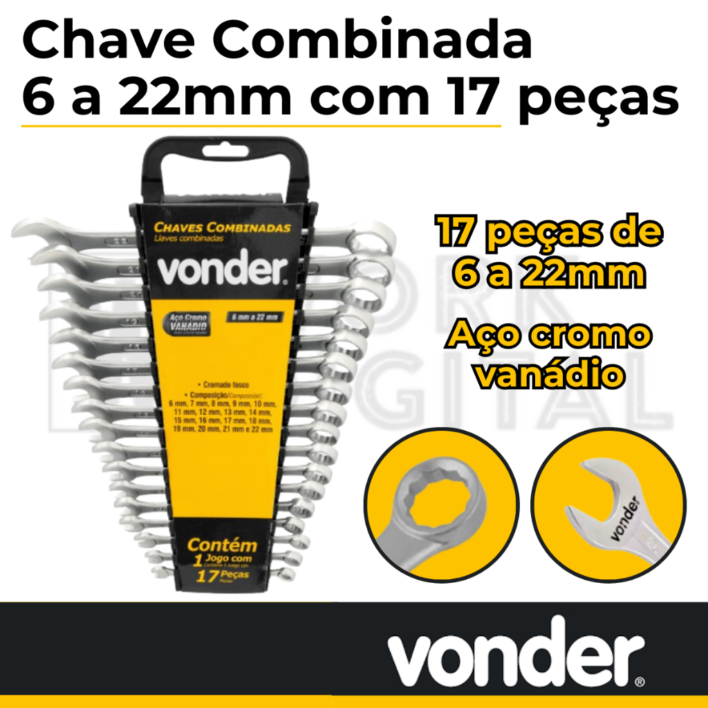 Jogo de chaves combinadas, 6 mm a 22 mm, aço cromo vanádio, 17 peças, Vonder