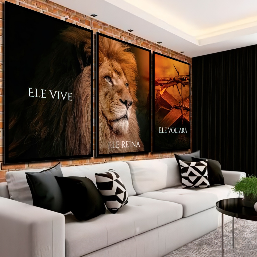 Quadro Decorativo 3 Peças Mosaico Jesus de Juda Ele Voltará Ele Vive Reina Para Sala Quarto Moldura em Oferta na Shopee