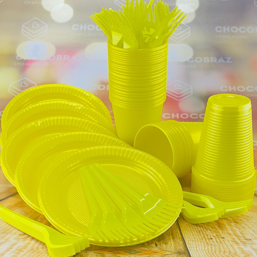 Kit Festa 50 PESSOAS DESCARTAVEIS AMARELO GARFO + PRATO + COPO em Oferta na Shopee