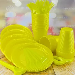 Kit Festa 50 PESSOAS DESCARTAVEIS AMARELO GARFO + PRATO + COPO (CHOCO)