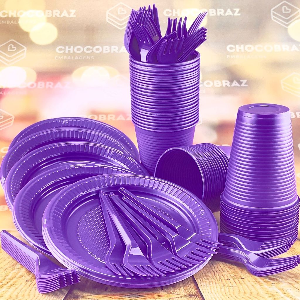 Kit Festa 50 PESSOAS DESCARTAVEIS ROXO GARFO + PRATO + COPO - Home & Living