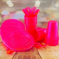 Kit Festa 50 PESSOAS DESCARTAVEIS ROSA NEON GARFO + PRATO + COPO (CHOCO)