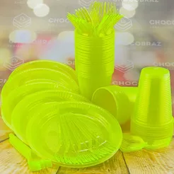 Kit Festa 50 PESSOAS DESCARTAVEIS AMARELO NEON GARFO + PRATO + COPO (CHOCO)
