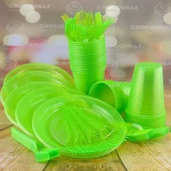 Kit Festa 50 PESSOAS DESCARTAVEIS VERDE CLARO NEON GARFO + PRATO + COPO (CHOCO)