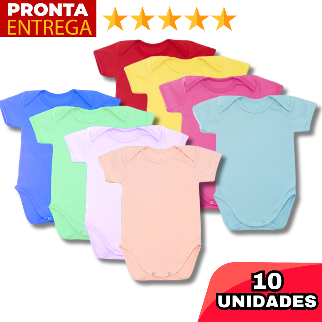 10 Unidades Body De Bebê Manga Curta Infantil Cores Lisas Menino Menina em Oferta na Shopee