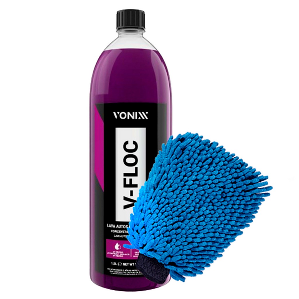 Kit Shampoo Lava Auto V-floc 1,5 Litros Concentrado Neutro Luva microfibra Vonixx Vintex