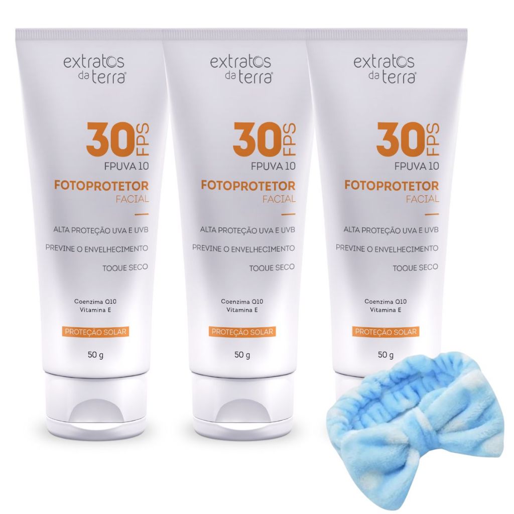 Kit com 3 un Filtro Solar Facial Fotoprotetor Fps 30 50g Toque Seco Extratos Da Terra