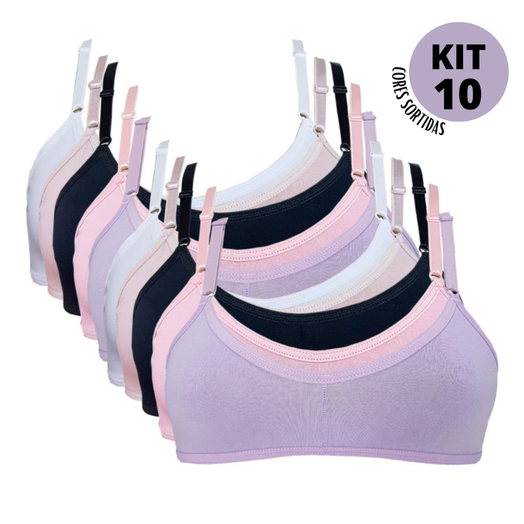 Kit 10 Sutiãs Infantil Sem Bojo Liso Algodão Cotton Menina Moça Juvenil Básico Usar Uniforme Farda