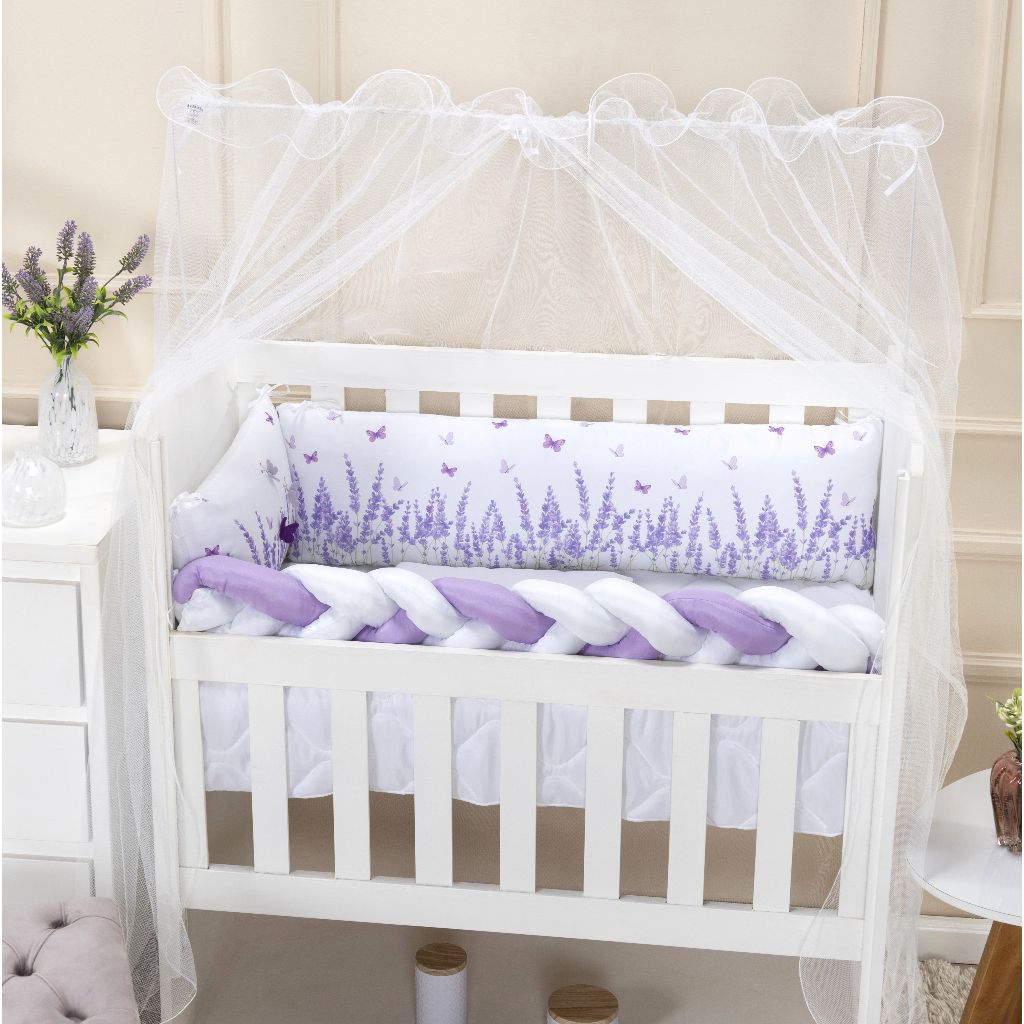 Kit Mini Berço Lavanda 7 peças Lilás Mosquiteiro Trança Cabeceira Lençol elástico Micropercal