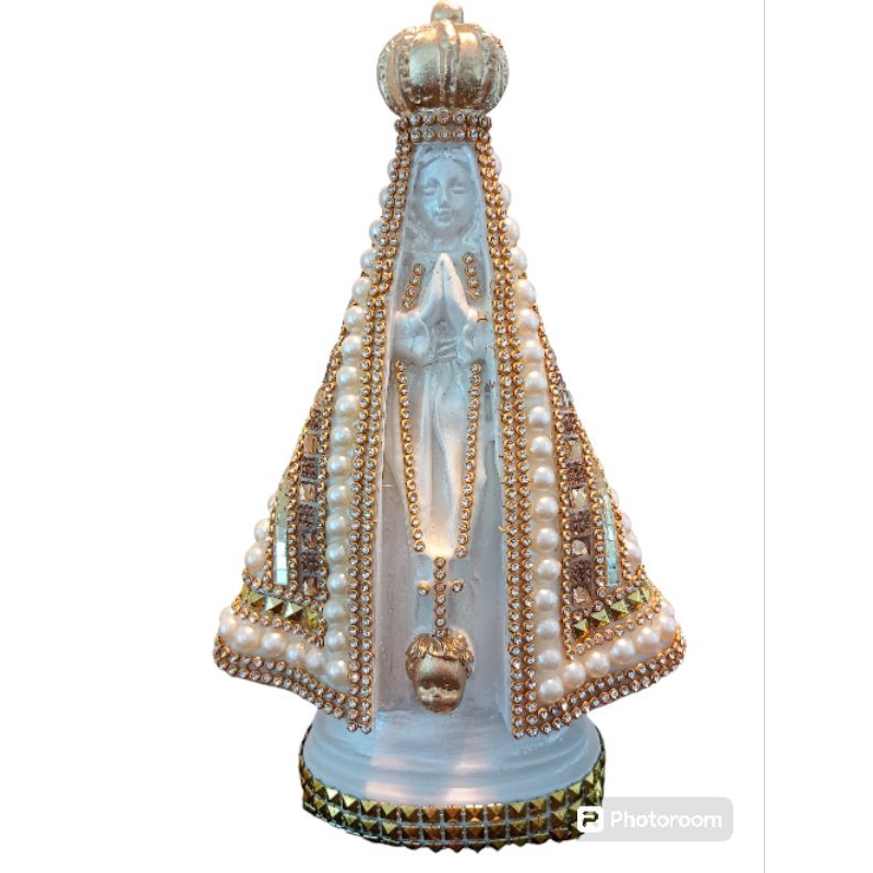 Imagem de Nossa Senhora Aparecida 23cm Frente Branca Pérola Strass Pedraria de Gesso Portuguesa!