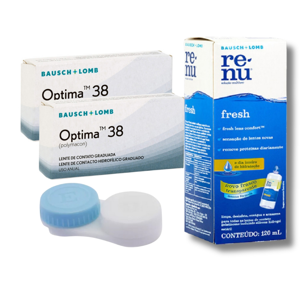 Lentes de Contato Optima 38 Anual Incolor Com Grau O Par + Estojinho e Renu 120ml - Bausch + Lomb
