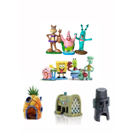 kit Enfeites De Aquário Fenda Do Biquini Turma Bob Esponja 3 casas(abacaxi,restaurante,lula) 7 Persongens