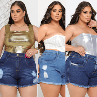 Short Jeans Plus Size Feminino Cós Alto 100% Algodao ( Não estica ) em Oferta na Shopee
