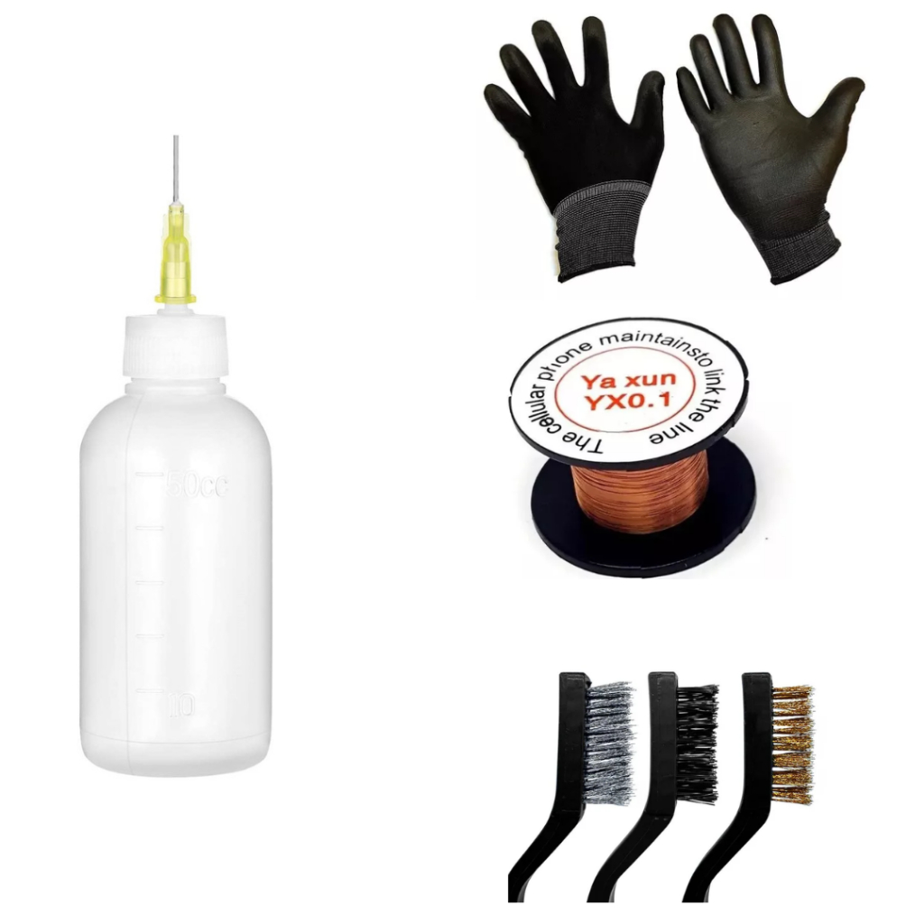 kit ferramentas para manutenção celular dispenser agulha  + fio jumper , par de luvas, kit 3 escovas em Oferta na Shopee