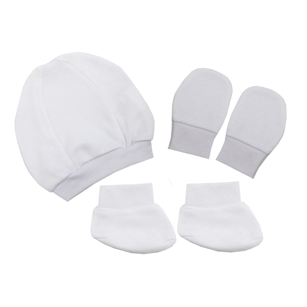 KIT 3 Peças - Touca, Luva e Sapatinho de Bebê RN Prematuro - Suedine 100% Alodão - Azul/Rosa/Branco