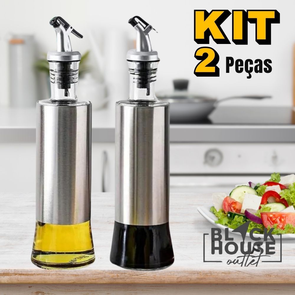 Kit Galheteiro 500ml Porta Azeite e Vinagre de Vidro Premium e Aço Inox com Dosador 500ML