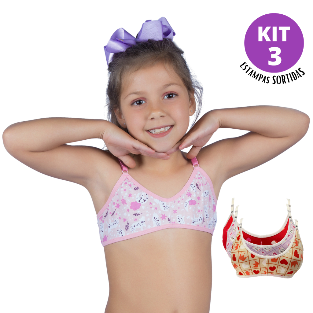 Kit 3 Sutiã Infantil Sem Bojo Suede Estampado Menina Moça Luna Confortável Dia a Dia Uniforme Farda