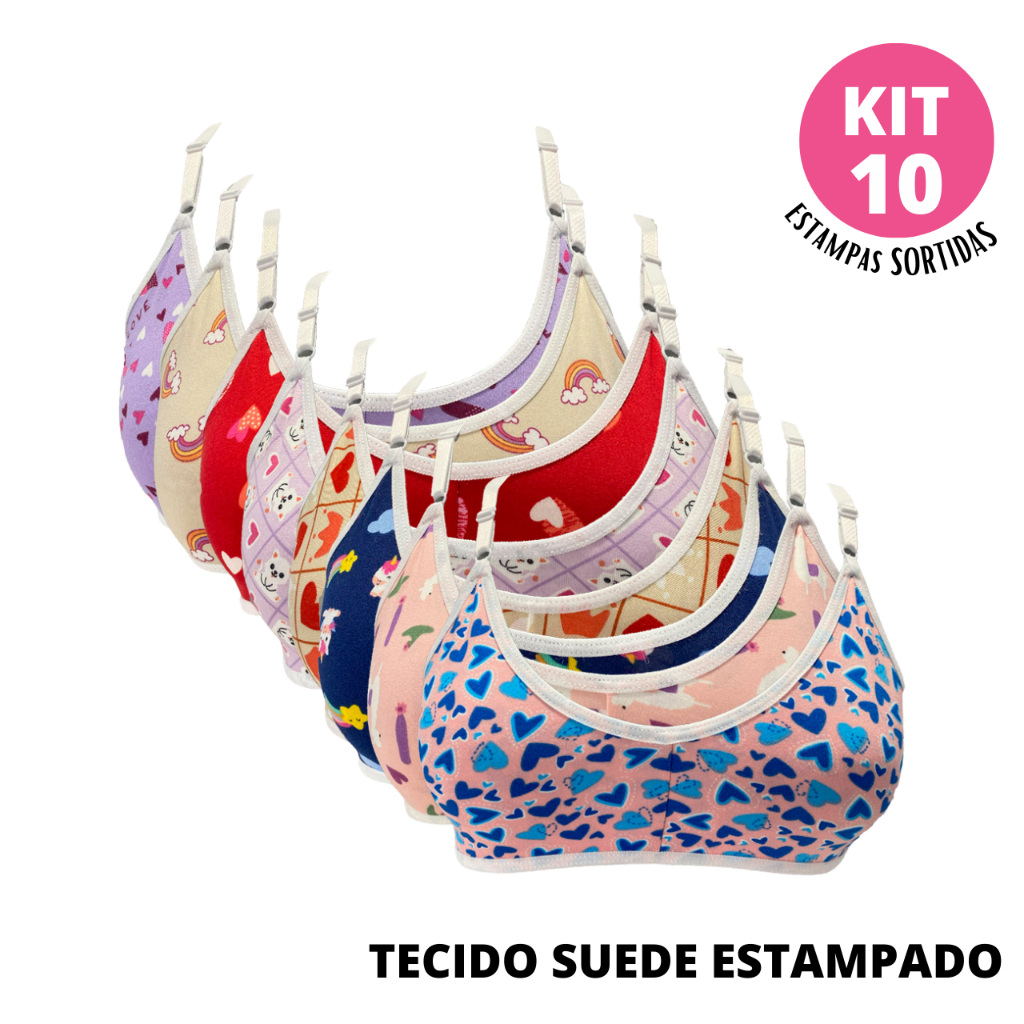 Kit 10 Sutiãs Infantil Sem Bojo Estampado Luna Suede Confortável Juvenil Usar Farda Revenda Promoção