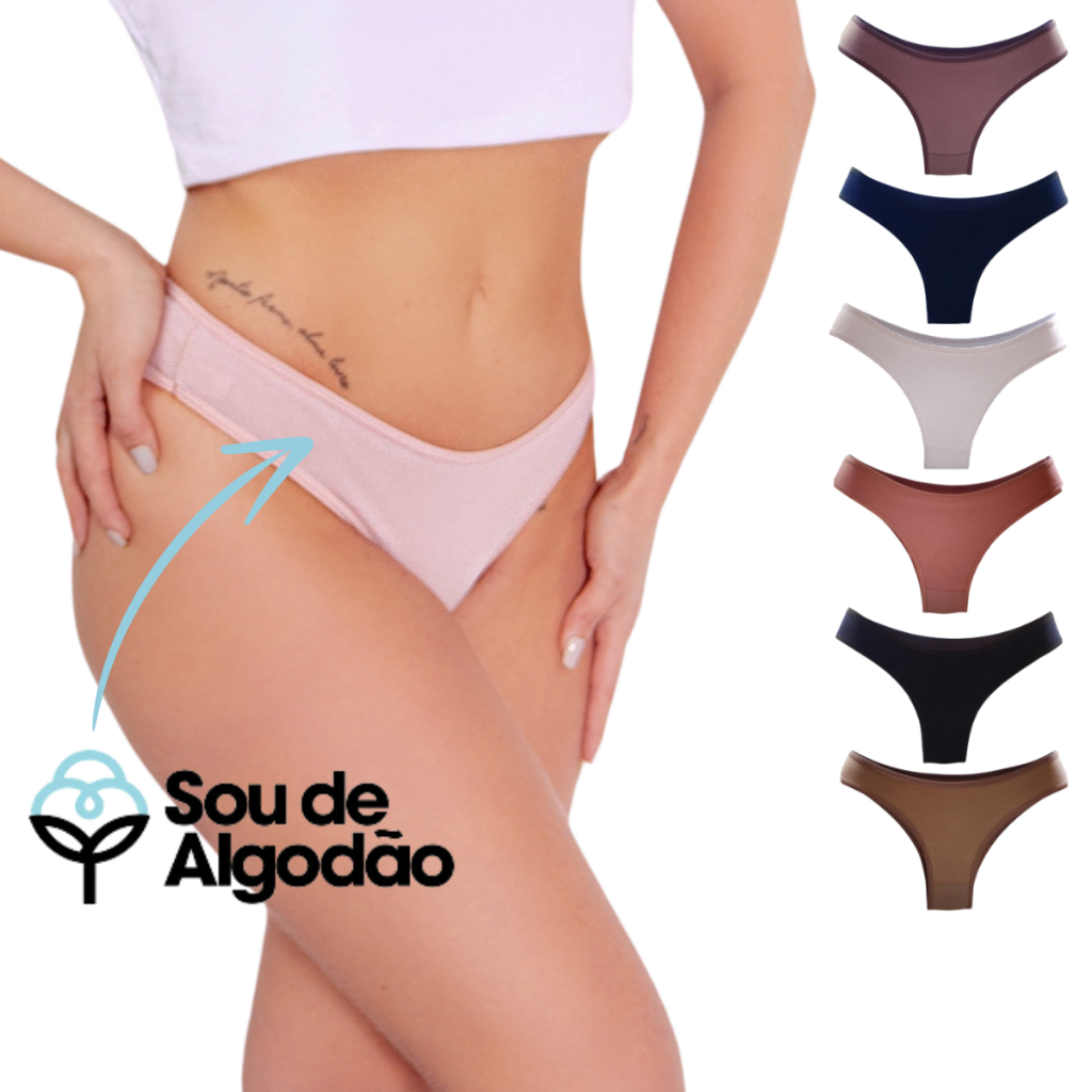 Kit 6 Calcinhas Lisas Tanga Básica Algodão Anti-Alérgica - 001