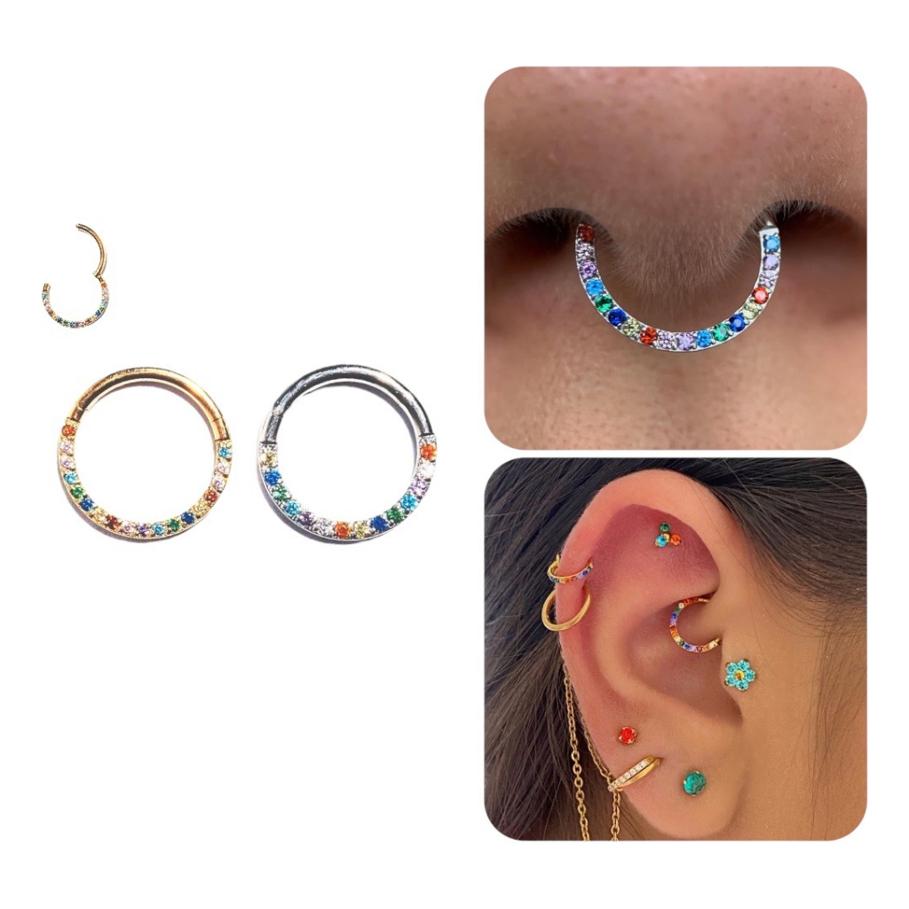Piercing Titânio Argola Colorida Cravejada Septo Daith 6mm 8mm 10mm em Oferta na Shopee