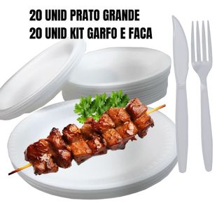 Kit 20 Churrasco Prato Isopor 23cm + 20 Garfo E Faca Sache