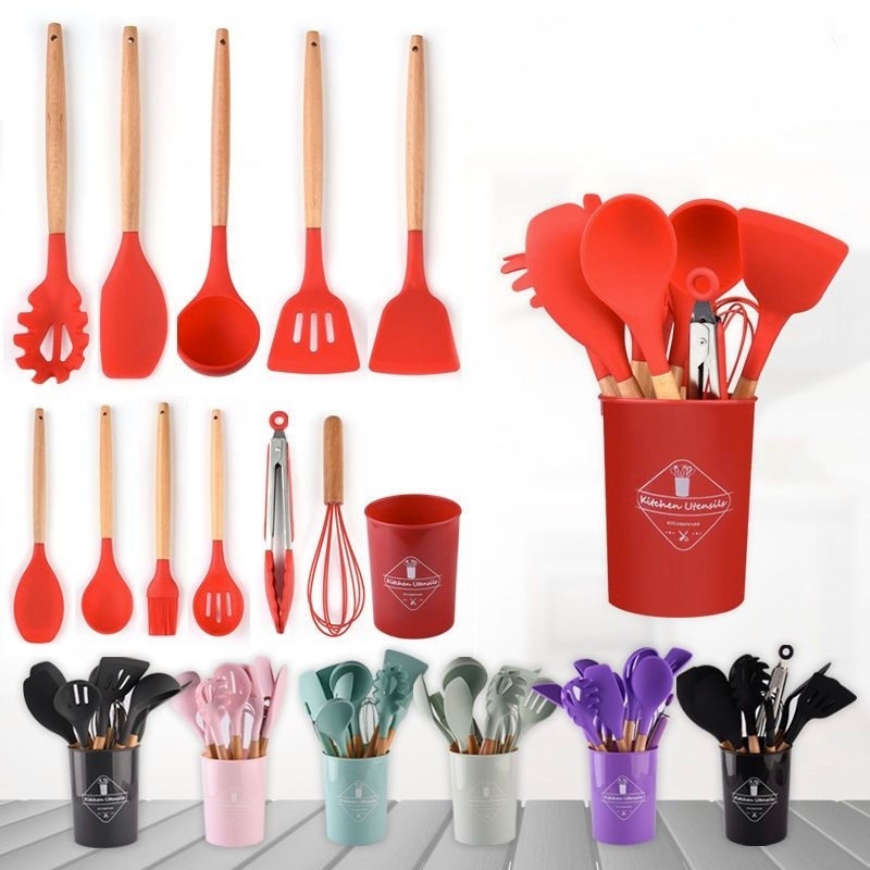 Jogo de Cozinha Kit com 12 Peças de Silicone Utensílios e Copo Suporte para Cozinha Cabo de Madeira