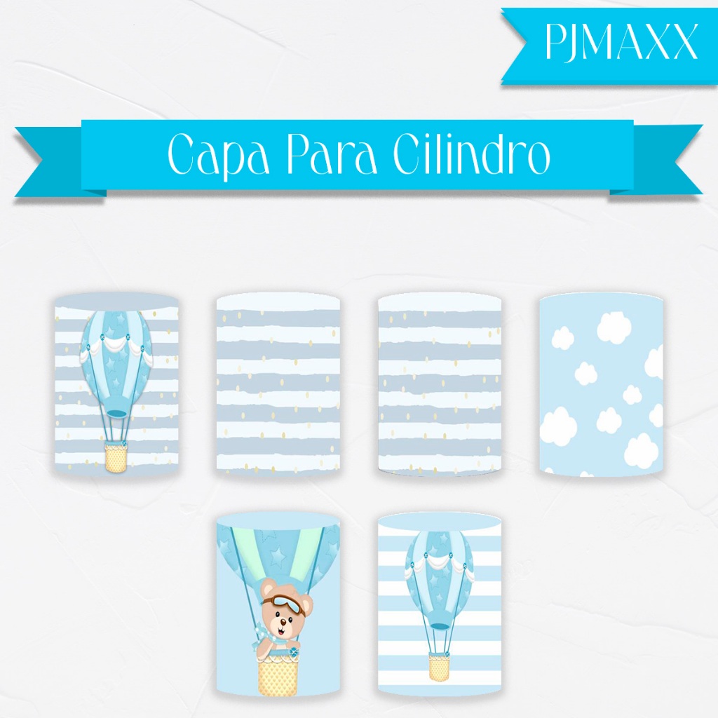 Capa Para Cilindro Tema Ursinho Baloeiro Azul Nuvens Listras Decoração Elegante Malha Sublimada