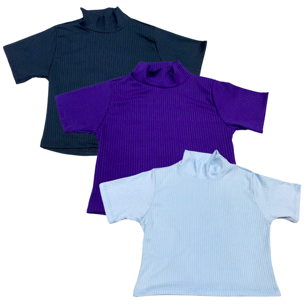 KIT 3 Cropped Blusa Gola Alta Canelado Feminino Moda Verão Manga Curta Blogueira Gringa Sem Bojo