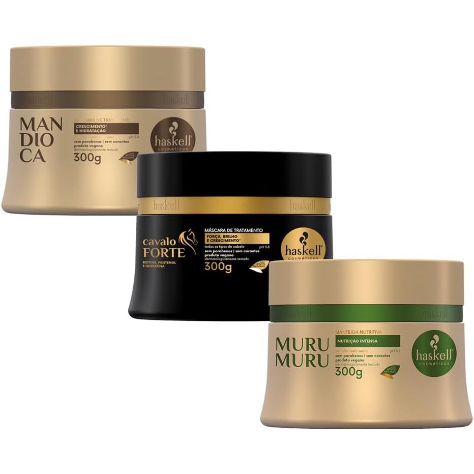 Kit Cronograma Capilar 300ml para Cabelos Ressecados Máscara Mandioca Hidratação, Cavalo Forte Reconstrução Murumuru