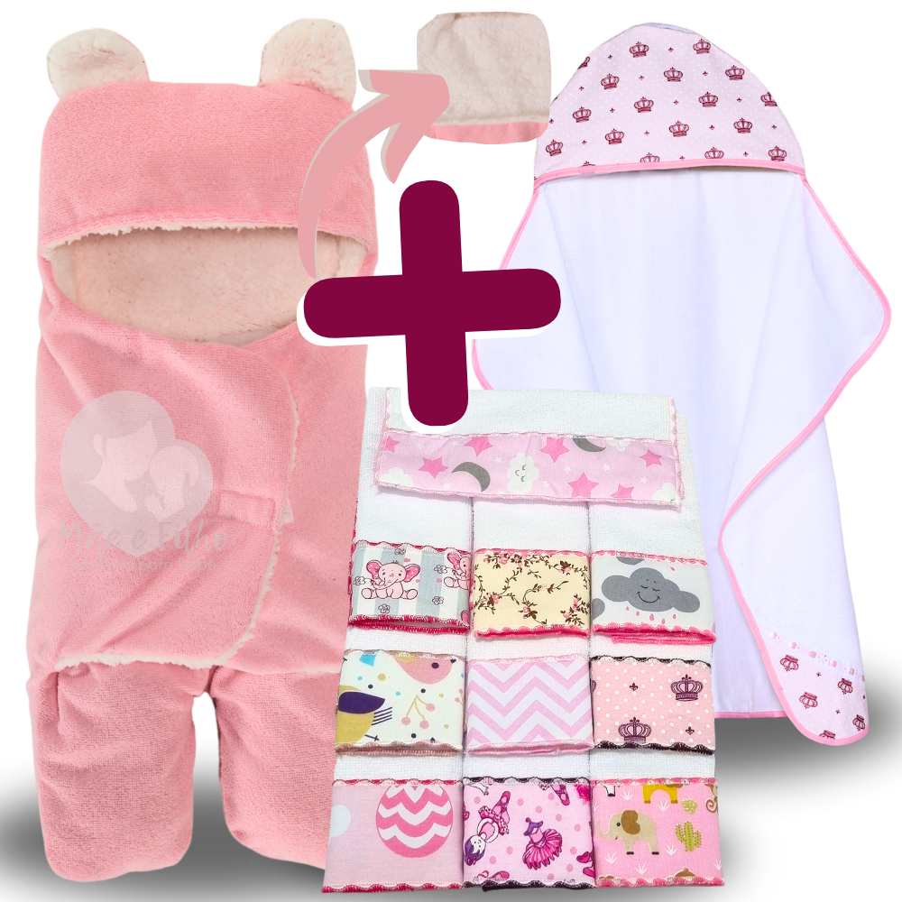 Kit Toalha Banho Bebe + Saco de Dormir com Orelhas + 6 Toalhas de Ombro Felpuda Atoalhada