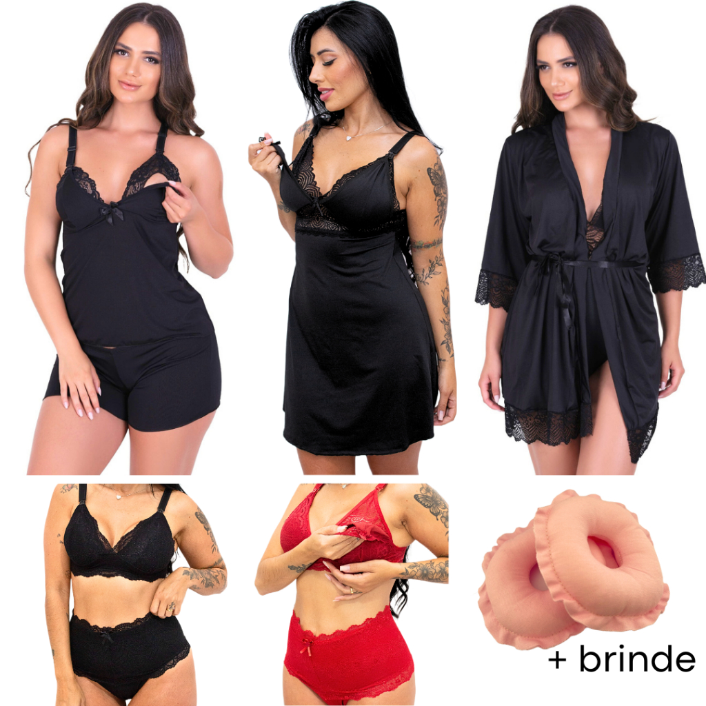Kit Pós Parto de Amamentação Camisola e Babydoll  Sutiã e Calcinha Robe Feminino Rosquinhas de Seios