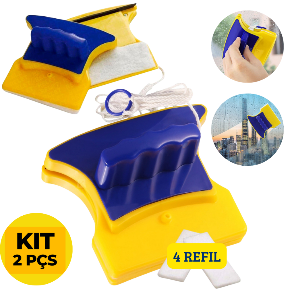 Limpador de Vidros Magnético Janelas Aquários Rodo Mágico Dupla Face Imã PREMIUM - KIT 2 PÇS 4 REFIL