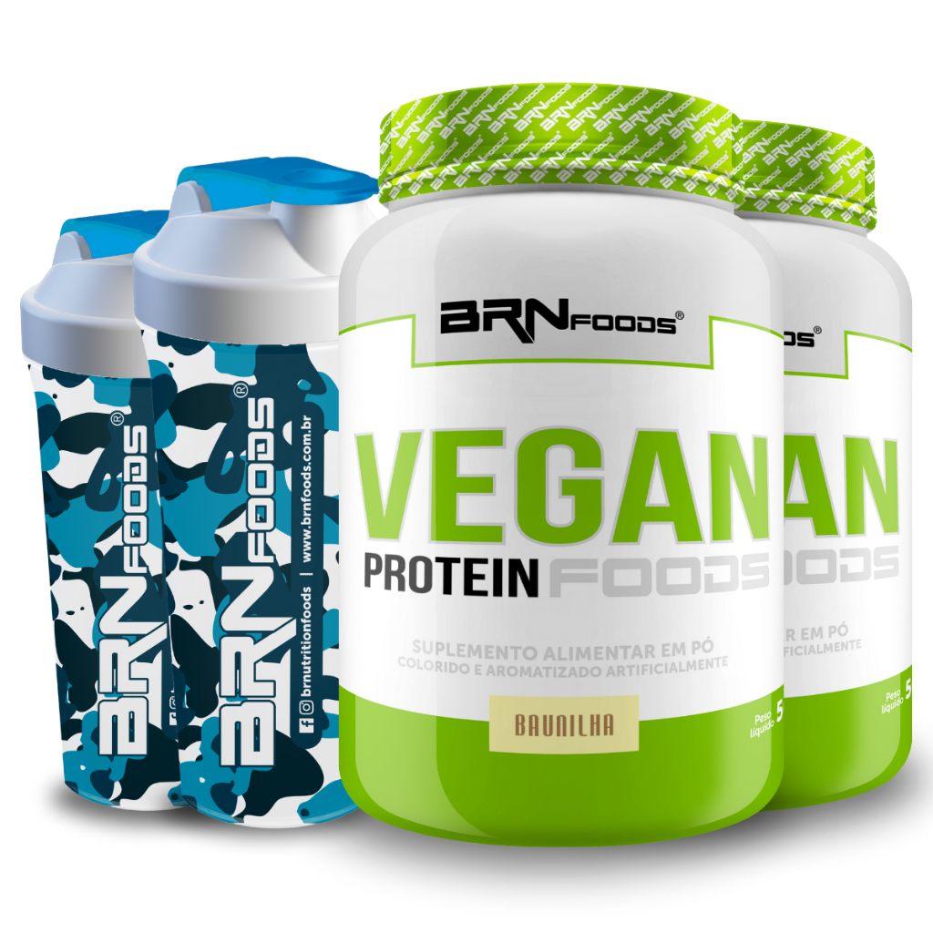 Kit 2x  Whey Vegano Proteína Vegetal Vegan Protein Foods 500g + 2x Coqueteleiras - BRNFOODS