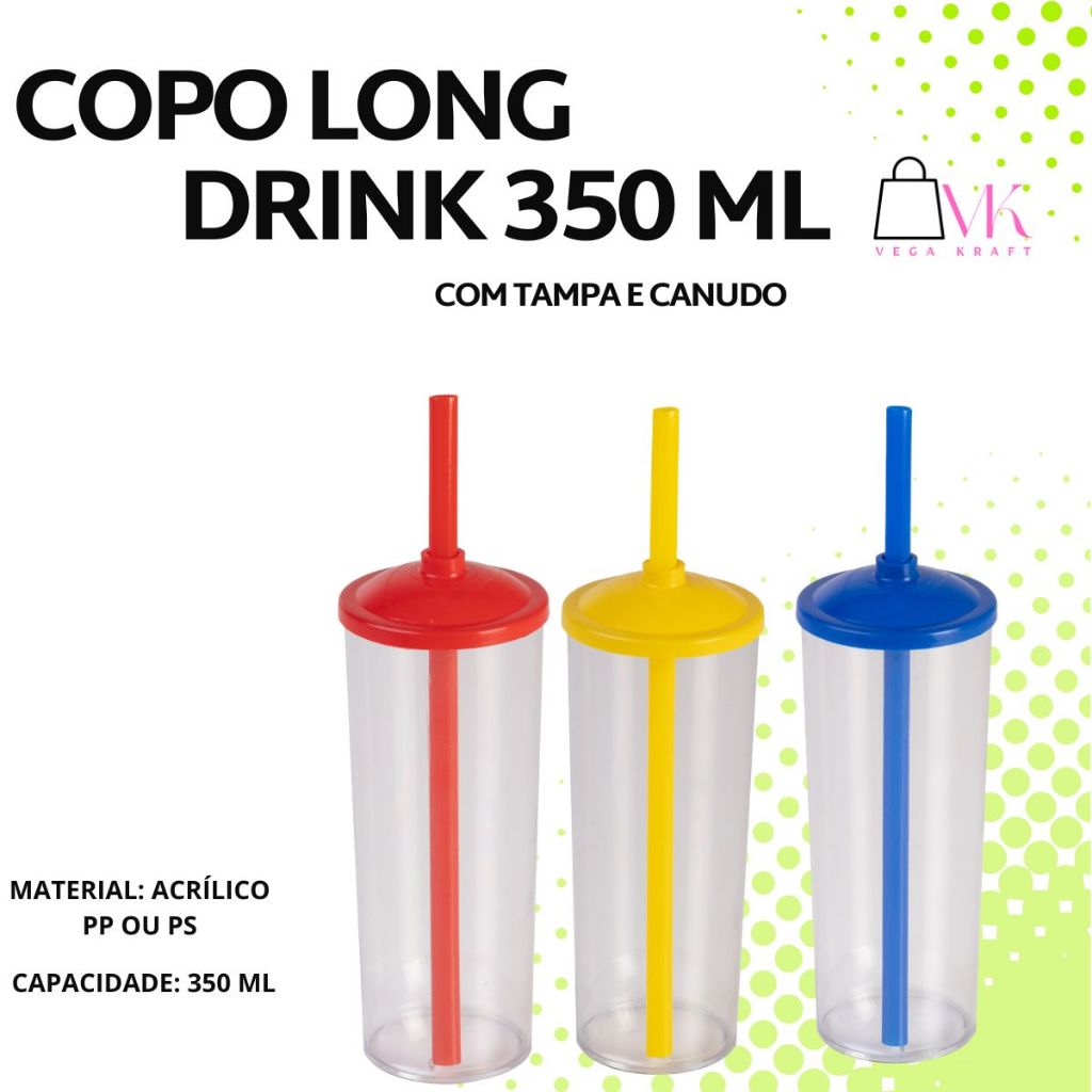Kit 20 Copo  Long Drink Cristal C/tampa E Canudo 350 Ml Festa Para Transfer