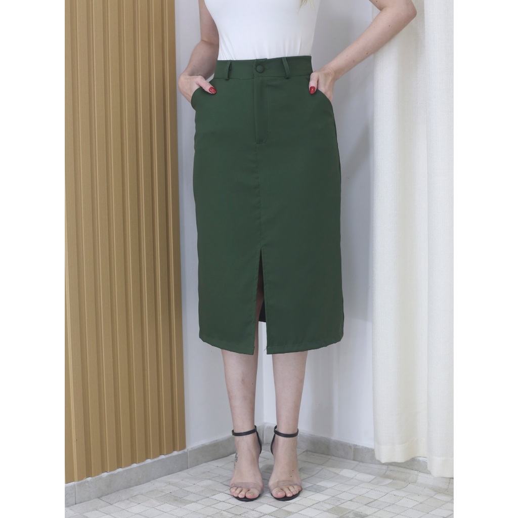 Saia Mídi Com Bolso e Fenda Frontal Alfaiataria em Oferta na Shopee