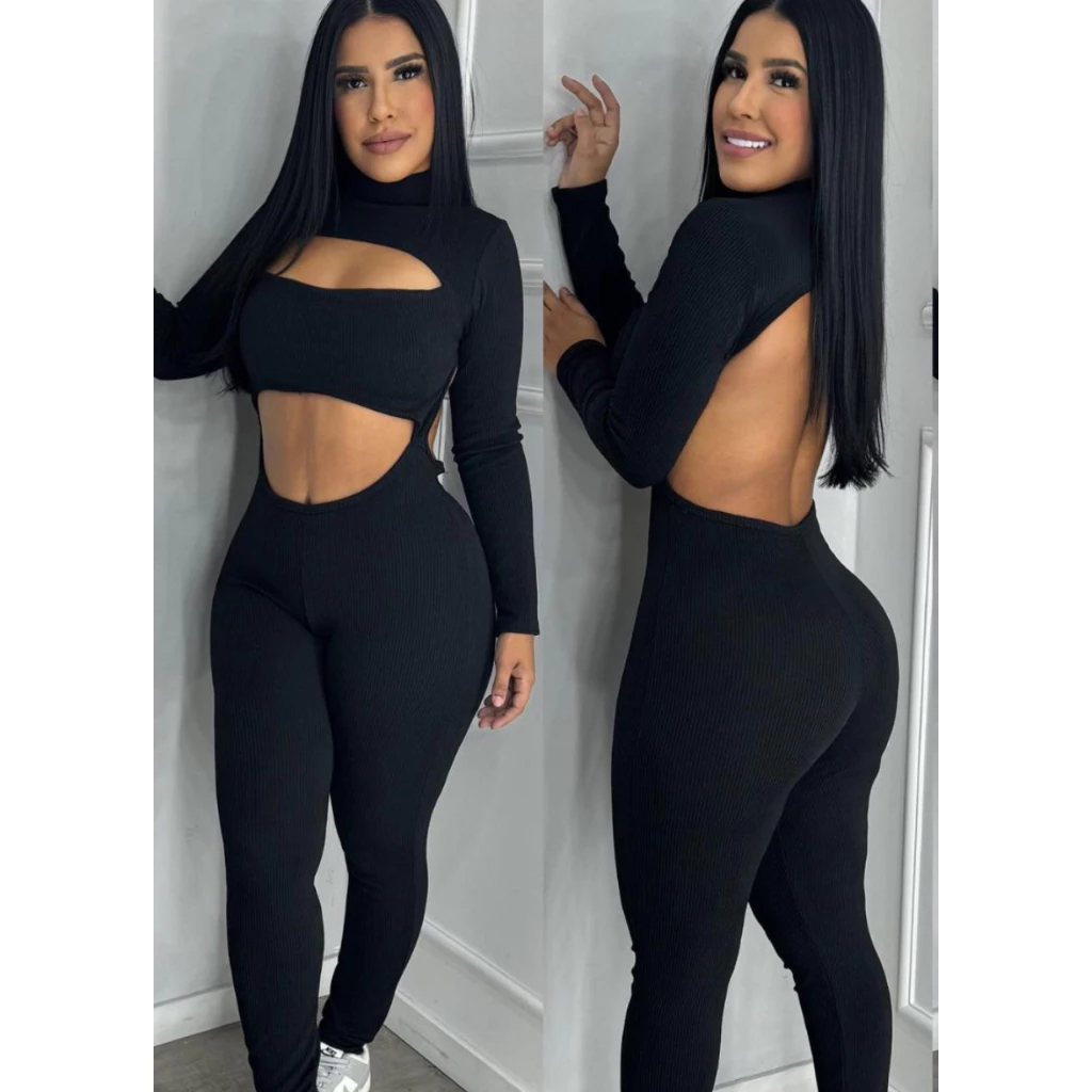 Macacão feminino longo com decote costas nua preto canelado do PP ao GG — imagem 1