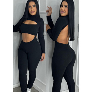 Macacão feminino longo com decote costas nua preto canelado do PP ao GG em Oferta na Shopee