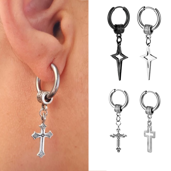 Brinco Masculino Argola prata Preto Black em aço inox clicker cruz crucifixo Vazado romana coreano em Oferta na Shopee