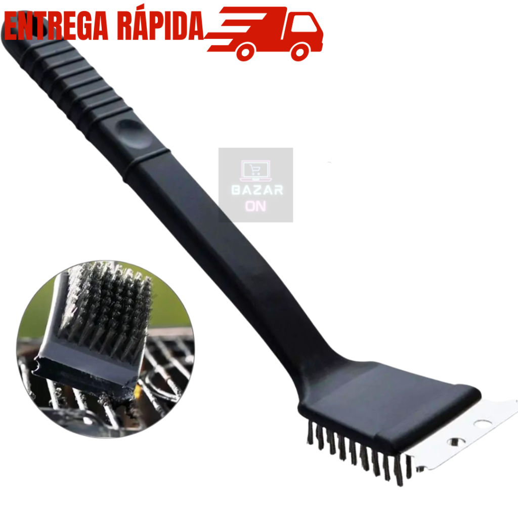 Escova Para Grelha Churrasqueira com Espátula Raspador Cerdas em Aço Limpa Grelha