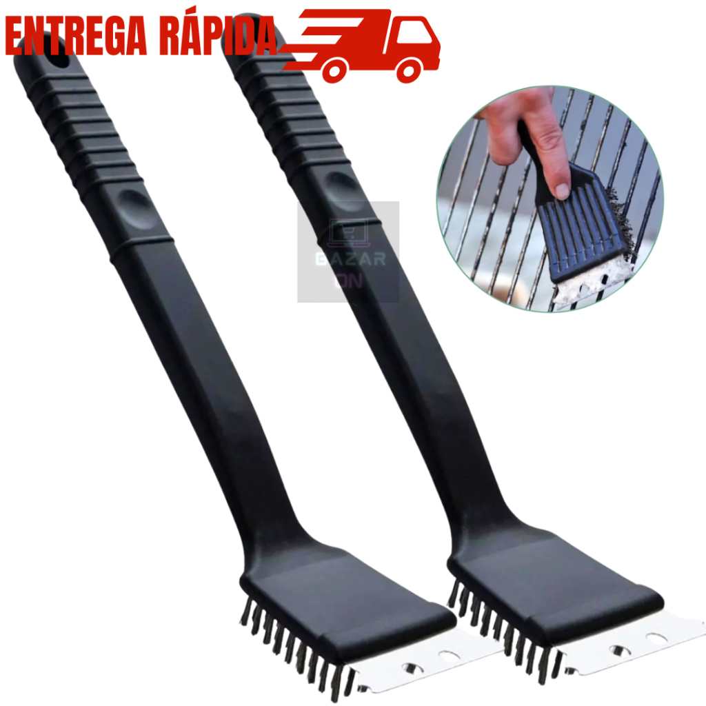Kit 2 Escovas Para Grelha Churrasqueira com Espátula Raspador Cerdas em Aço Limpa Grelha
