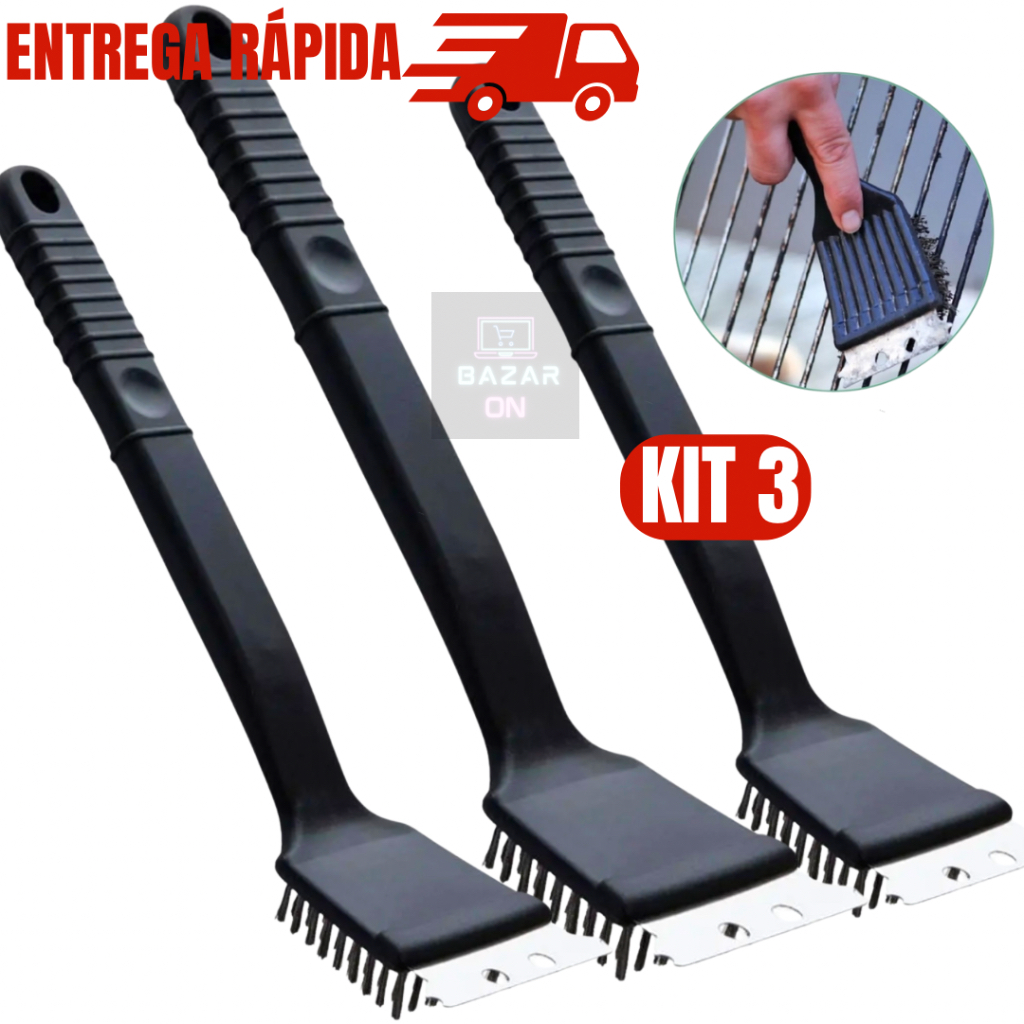 Kit 3 Escovas Para Grelha Churrasqueira com Espátula Raspador Cerdas em Aço Limpa Grelha