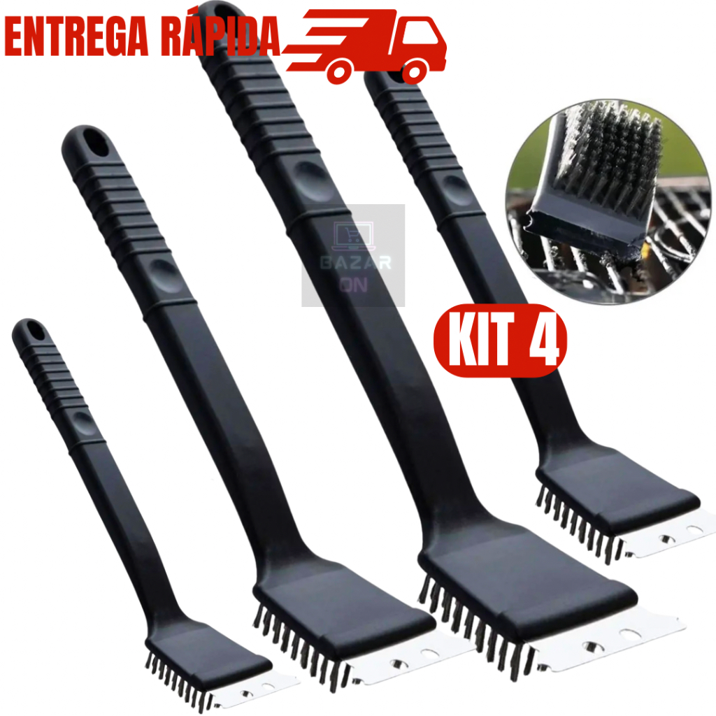 Kit 4 Escovas Para Grelha Churrasqueira com Espátula Raspador Cerdas em Aço Limpa Grelha